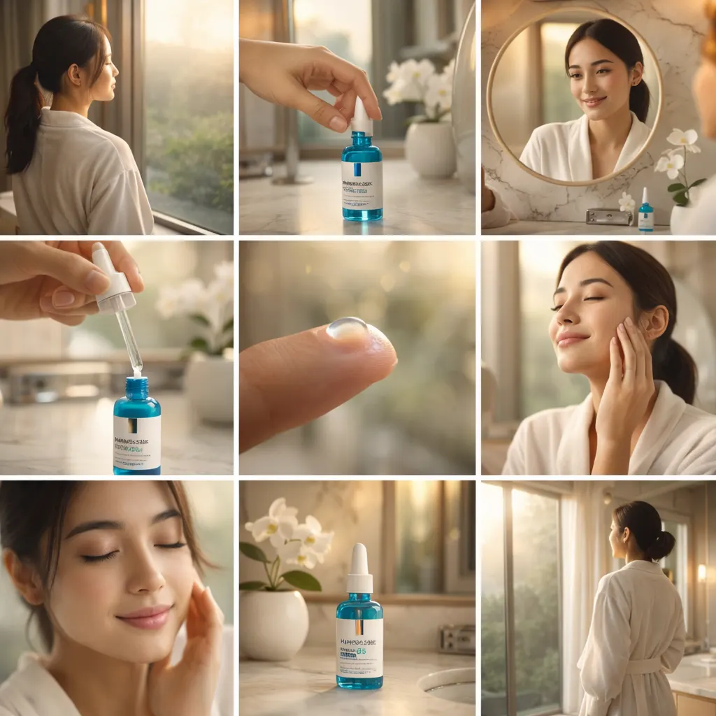 Prompt tạo ảnh collage skincare cao cấp 3x3 với serum và người mẫu trong phòng tắm sang trọng