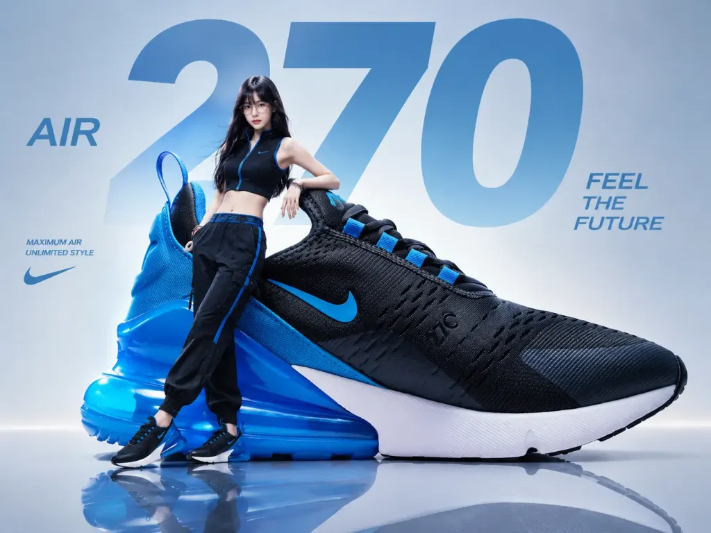 Tạo ảnh concept quảng cáo thời trang với người mẫu tạo dáng bên giày sneaker khổng lồ